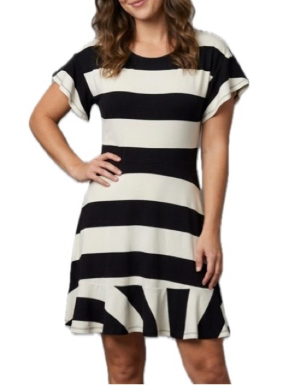 NWT LOFT Flutter Sleeve Striped Dress Size 2 XS A-Line Ruffle Hem Jersey Knit